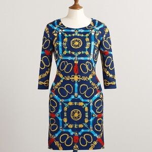 J. McLaughlin Equestrian Scarf Print Shift Dress Blue Gold Bit Belted-Print